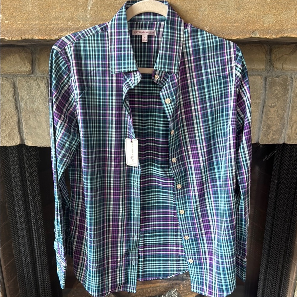Peter Millar button down Performance woven Plaid Spanish Peaks Golf Shirt Medium
